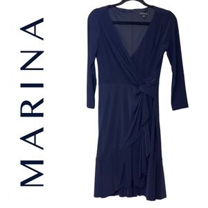 Marina Navy Blue Ruffle Wrap Dress V Neck 3/4 Sleeve Wedding Guest Classic Small